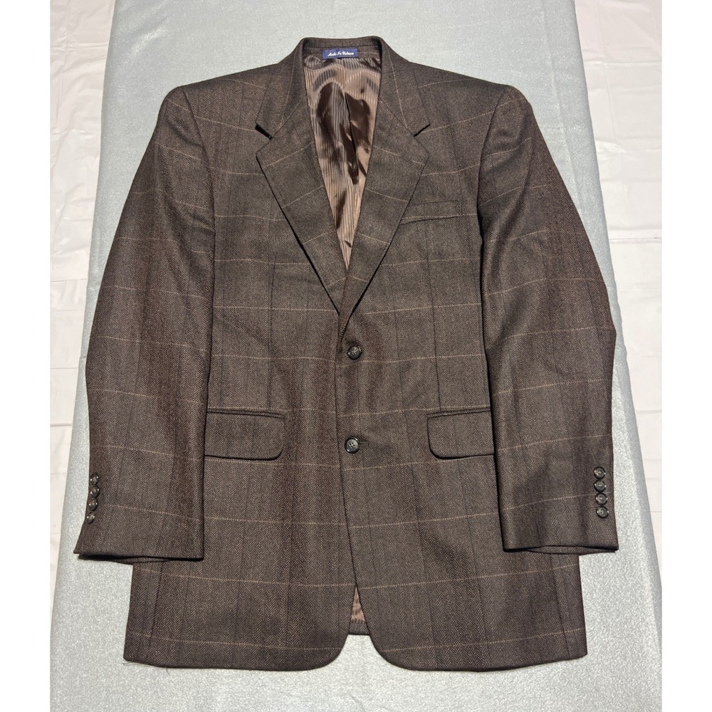 Alan Flusser Mens Brown Herringbone Windowpane Lambswool Cashmere Blazer 40R